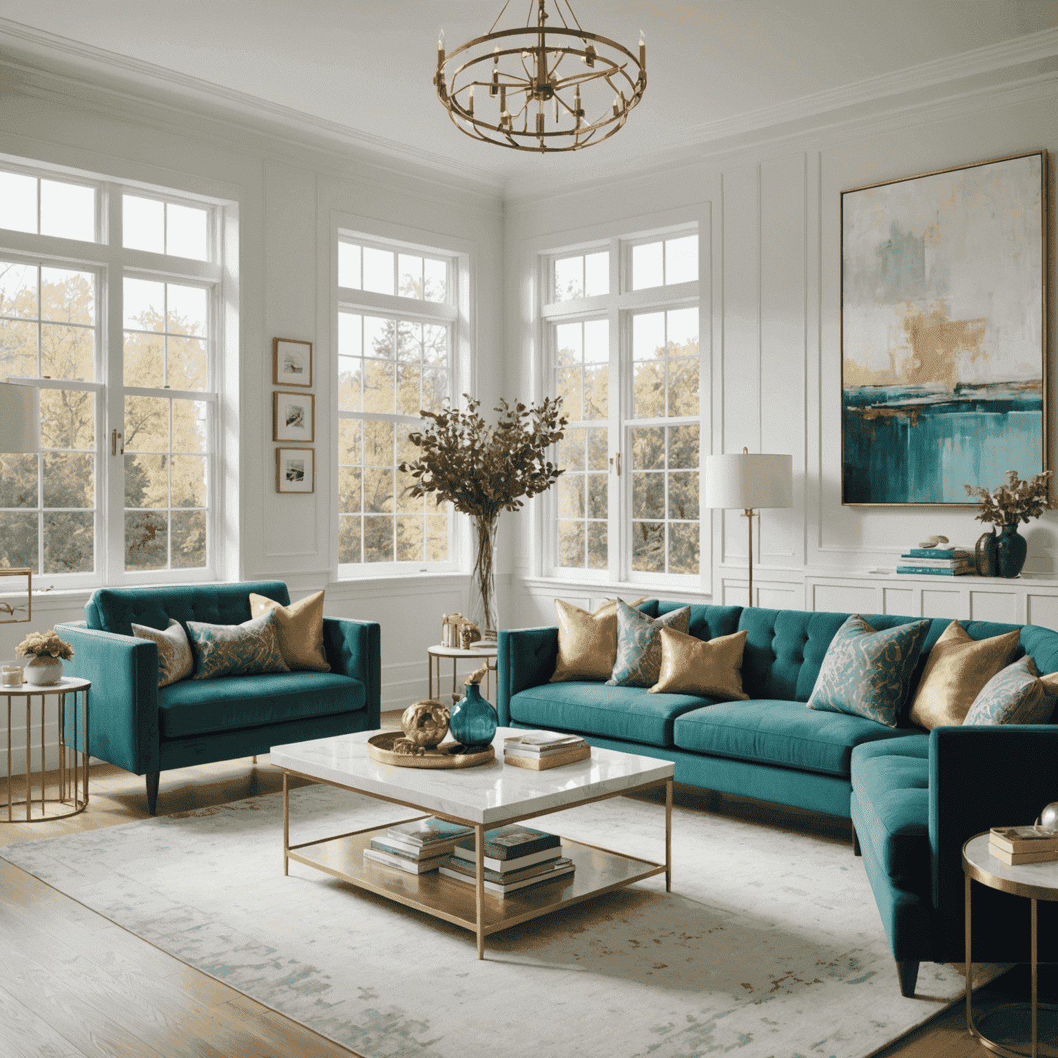 Elegante sala de estar renovada con muebles modernos, paredes blancas, y acentos en teal y dorado. Grandes ventanales permiten la entrada de luz natural, creando un ambiente acogedor y sofisticado.