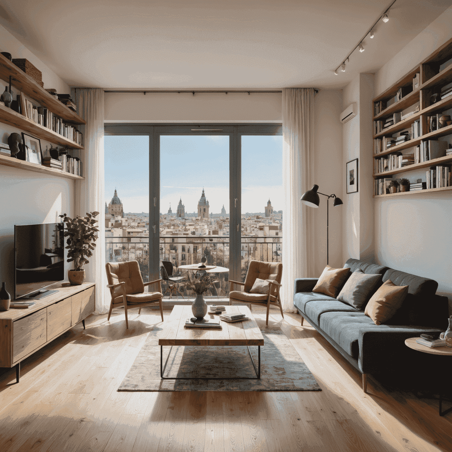 Sala de estar de un apartamento en Barcelona con suelos de madera reciclada, estanterías de madera sostenible y grandes ventanales con vistas a la ciudad