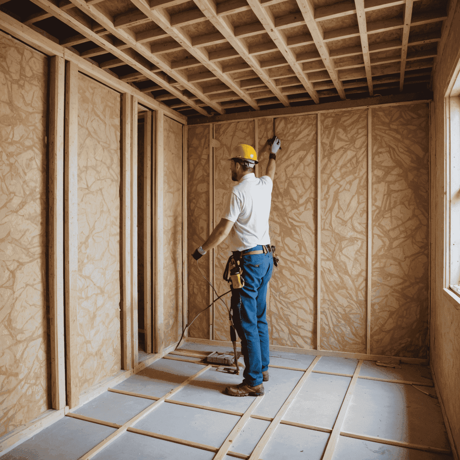 Instalación de paneles de aislamiento térmico en las paredes de una casa durante una renovación